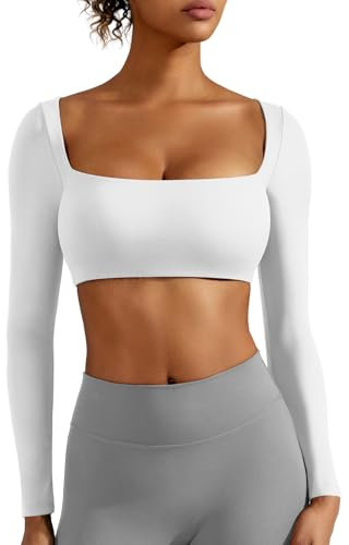ZAAYO Langarm Crop Top Damen Langarm Gym Top Sport Oberteil Mit Eingebautem BH Basic Langarmshirt Damen Longsleeve Shirt mit Quadratischem Ausschnitt Weiß M