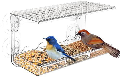 Newthinking Clear Window Bird Feeder with Strong Suction Cups, Acrylic Small Bird Feeders with Detachable Seed Tray, Easy to Fill and Clean, Convenient for Outdoor Bird Watching