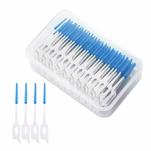200 Pieces Interdental Brushes,Dual-Use Dental Floss Sticks,Silicone Dental Picks,Picks Interdental Brush,Portable Oral Tooth Clean,Tooth Gap Brush,Silicone Floss for Oral Cleaning (Blue)