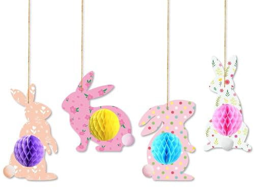Oster-Hängedekorationen – 4 Stück Osterhasen-Wabenbälle, hängende Osterdekorationen, Hasen-Papier-Pompons, Wabenornamente, Partygeschenke für Zuhause, Baumschmuck, Oster-Partyzubehör