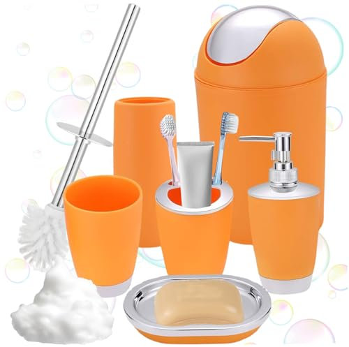 Ensemble d'accessoires de salle de bain PP Orange Ensemble d'accessoires de salle de bain comprenant une poubelle, un porte-savon, une brosse de toilette, un porte-brosse à dents, une bouteille de lot