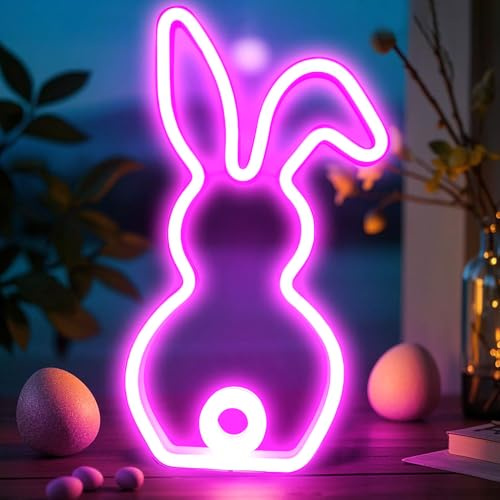 Hasenlampe Osterdeko Beleuchtet,LED Kaninchen Neonlicht Neonschild USB Aufladung,Lampe Hase Neonlampe Frühlingsdeko LED,Osterhasen Nachtlicht Neonlicht Schild Wanddekoration für Party Tisch (A)