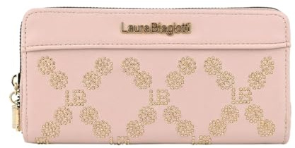 Laura Biagiotti Portafoglio Donna Grande con Zip in Ecopelle PU, Design con Borchie e Logo Oro, Molti Scomparti e Scatola Regalo, Rosa