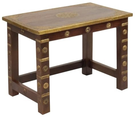Oriental Galerie Indischer Beistelltisch mit Messing Verzierung Tisch Tischchen Nachttisch Hocker Asien Natur Braun Gold Groß
