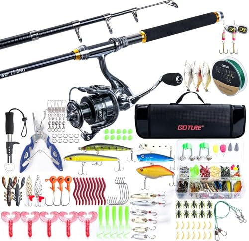 Goture Angelset mit Teleskop-Angelruten (24T Carbon),1,8m Angelrute Set Komplett 5.2:1 Spinnrolle, 150m/14kg Schnur, Köderbox & Tragetasche – für Salz-/Süßwasser, Reisen–Angelgeschenk