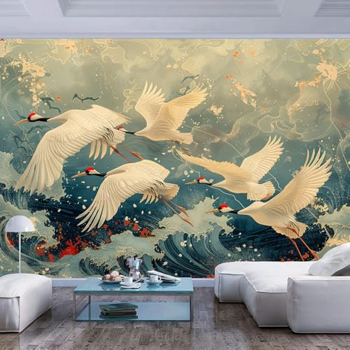 JIAOQSS Custom Photo Wallpaper Wall Covering Japanese Retro Wave Crane Pattern Border Image Adults Wear Resistant Covering Decorative Teen Dorm Modern Classroom Decaoration