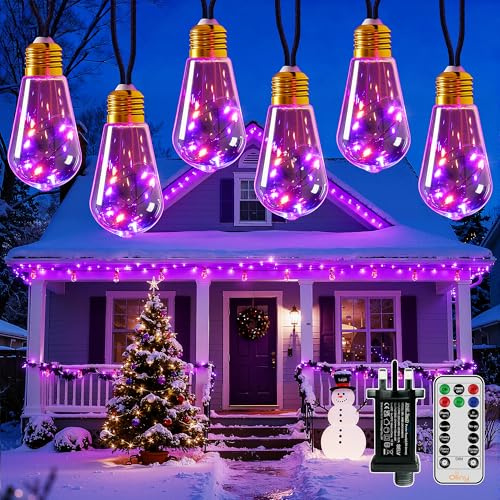 Ollny Christmas Lights 6m Hemp Rope Festoon Light Mains Powered, Fairy String with 16 S17 Bulbs/160 LEDs/Remote/Plug/Modes/Timer, Purple and Orange Lighting for Indoor Outside Outdoor Xmas Decs