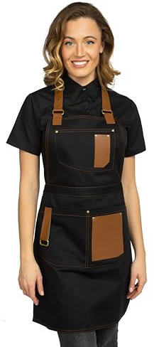 PALLTEX GERARD Kochschürze Herren & Damen Grillschürze – Küchenschürze mit Taschen & Ökoleder – Verstellbare Schürze für Barista, Koch, Gastronomie & Grill (Schwarz, L/XL)