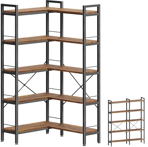 Huuger 5 Tier Bookshelf, L Shaped Corner Bookshelf with 10 Open Shelves, 49.4 Inch Straight Wide Bookcase with Metal Frame and Wooden Board, Adjustable Feet, Rustic Brown