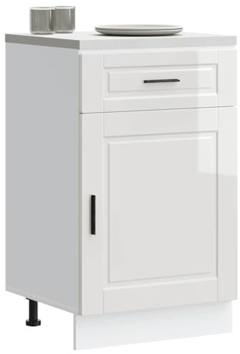 HOMTAKIE Armoire de Cuisine Porto Blanc Brillant Bois d'ingénierie 1x Meuble Bas (1 Porte 1 tiroir) 50 cm