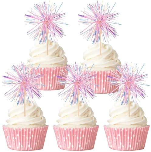 Gleevio 40 Stück Happy Birthday Tortendeko Rosa,Feuerwerk Cupcake Topper | Glitzer Tortendeko Geburtstag Mädchen,Feuerwerk Kuchen Deko,Happy Birthday Muffin Deko für Geburtstag Weihnachten Neujahr