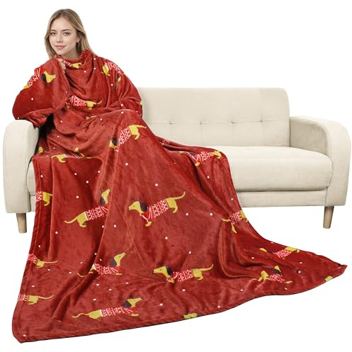 Catalonia Classy Decke mit Ärmeln als Geschenk für Frauen Herren, Flauschig Fleece Tragbare Kuscheldecke mit Ärmel, Cozy Warm Decke zum Anziehen Ärmeldecke Erwachsene, 185 x 130 cm Weihnachtsdackel