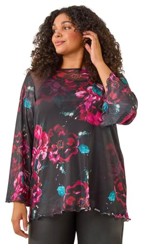 Roman Curve Floral Mesh Print Top for Women UK - Ladies Autumn Everyday Winter Holiday Round Neckline Comfy Long Sleeve Soft Cabbage Hem Shirt Office Party Blouses - Red - Size 26