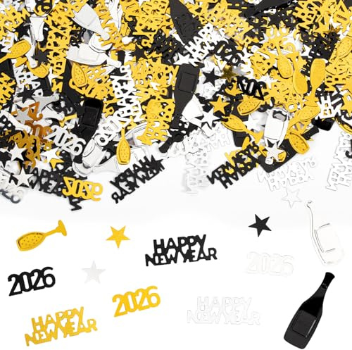 Konfetti Streudeko Silvester Deko 2026, Gold Schwarz Glitzer Silvester Tischdeko Konfetti, Happy New Year 2026 Deko, Streudeko Neujahr Party Dekoration(30g)
