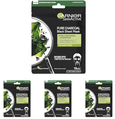 Garnier Pure Charcoal and Algae Sheet Mask, Purifying and Hydrating Face Mask With Hyaluronic Acid, LHA & Black Algae, Tightens Enlarged Pores & Purifies Skin, Vegan Tissue Mask, 28g (Pack of 4)