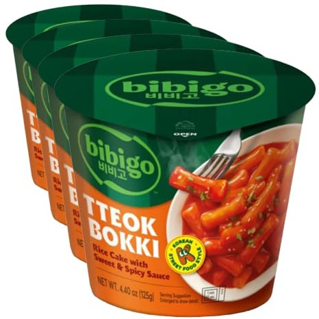 BIBIGO Tteokbokki Reiskuchen Cup mit Sweet und Spicy Sauce - 1 x 125 g (Packung mit 4)