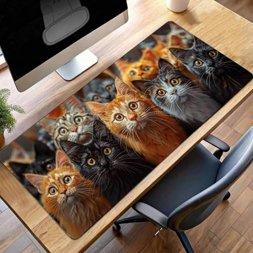 Alfombrilla de Ratón Gaming Gato, Alfombrilla Ratón XXL 1400x600x3mm Negro Mouse Pad con Bordes Cosidos, Impermeable Base de Antideslizante Caucho Tapete Rato para Oficina, Regalo PjY494 2-M