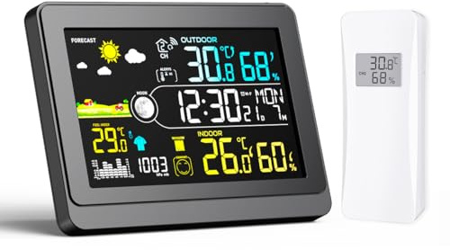 Uzoli E0622 Funkwetterstation mit Außensensor, Farbdisplay, DCF-Funkuhr | Innen-/Außentemperatur & Luftfeuchtigkeit • Wettervorhersage • Luftdruck • Alltagshilfe • Frostwarnung • Mondphase • Wecker