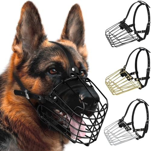 Maulkorb für Deutscher Schäferhund, Metallkorb für mittelgroße und große Hunde, verstellbar, langlebig, Lederriemen, sichere Drahtmaske zum Beißen, Kauen, Bellen (Schwarz, Größe M) LUMEIRA