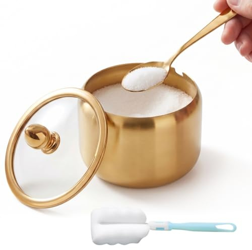 FTISSLY Zuckerdose Zuckertopf mit Deckel und Löffel Zuckerbehälter 200ml | Zucker Schüssel Edelstahl Golder Salzschüssel Zuckerschale Modern Gewürzdose mit Reinigungsbürste für Kaffee Salz Gewürze