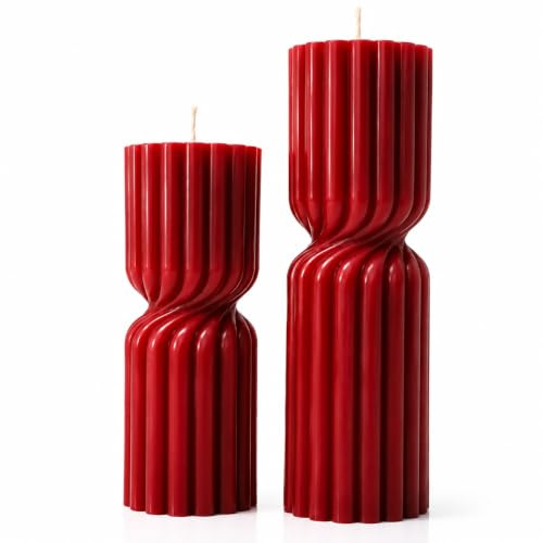 Velas Decorativas Cilíndricas Acanaladas | Set de 2 (Rojas) | Velas Artesanales · Cera de Colza Natural · Decoración para hogar · Perfecto para regalar · Hecho en España