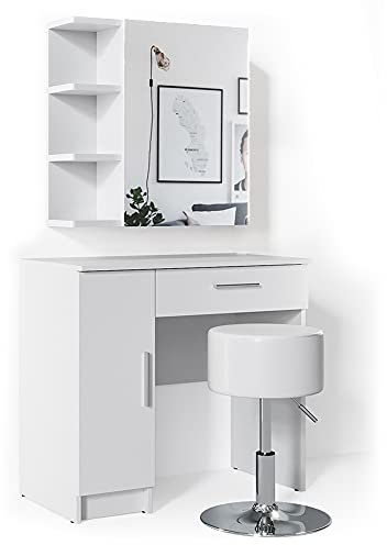 Vicco Schminktisch Fynnia, Kosmetiktisch mit Spiegel, Weiß, 80.2 cm mit Hocker
