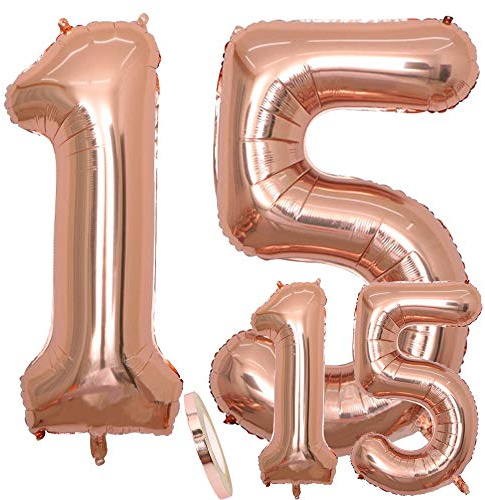Luftballons Zahl 15 Geburtstag XXL Rose Gold - Riesen Folienballon in 2 Größen 40 & 16 | Set XXL 100cm + Mini 40cm Version Geburtstagsdeko | Insgesamt Vier Zahlen | Ideal zum 15. als Deko