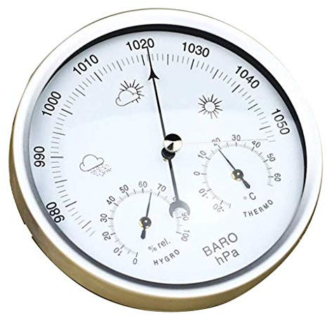 Tubayia Metall Barometer Thermometer Hygrometer Wetterstation Analog für Wohnzimmer, Schlafzimmer, Garten (Silber Weiß)