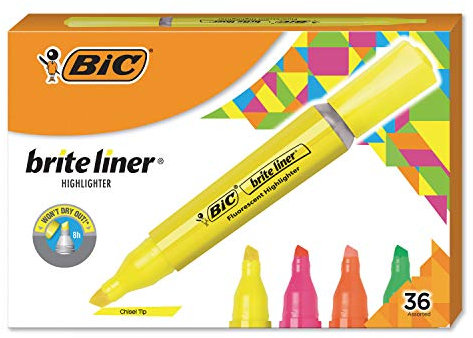 BIC Brite Liner Tank Highlighters, Chisel Tip, Assorted Barrel, Assorted Ink, Set of 36 Highlighters