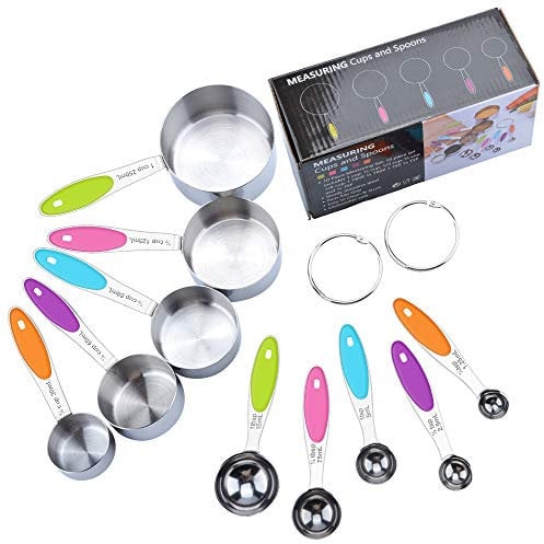 Fohil Lot de 10 Tasses Mesurer Cuillères Mesurer, 5 Cuillères Doseuses en Acier Inoxydable, 5 Tasse à Mesurer avec Poignée en Silicone, Ustensiles de Cuisine Parfaits avec 2 Anneaux de Type O