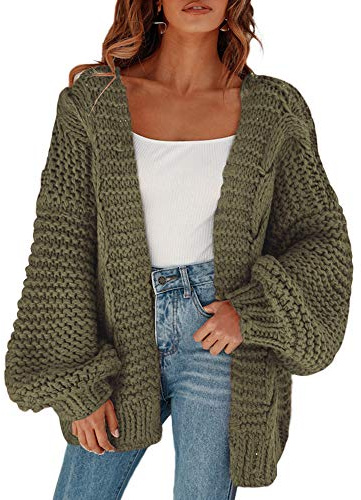 Cicy Bell Women's Open Front Chunky Knit Cardigan Loose Lantern Sleeve Oversized Sweater Coats (Army Green, Medium)
