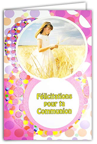 68-1019/2 Carte avec Enveloppe Félicitations pour ta COMMUNION FILLE PAILLETTES Aube Robe Blanche Champ de Blé Pain Ostie Couleur Rose Fête Printemps