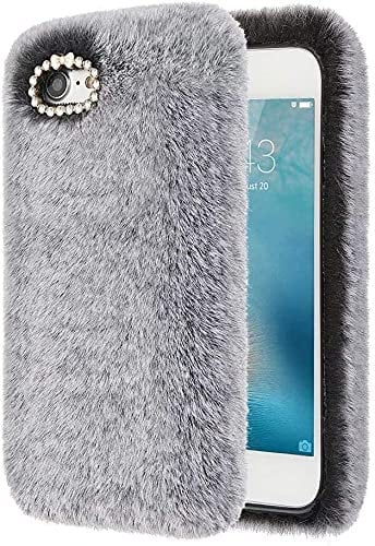 Awenroy for iPhone SE 2020 Case iPhone 8 / iPhone 7 Plush Case Flexible Silicon Soft Fluffy Furry Cute Case Shockproof Back Bumper Cover with Glitter Diamond Bowknot Case - Dark gray