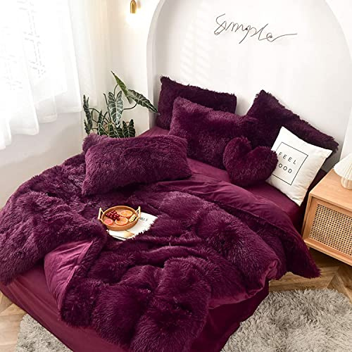 Juego De Funda Nórdica De Vellón De Coral Grueso, Ropa De Cama De Terciopelo/Franela De Cristal De Invierno, con 1 Funda De Edredón, 1 Sábana Y 2 Fundas De Almohada (Maroon,220x240cm)
