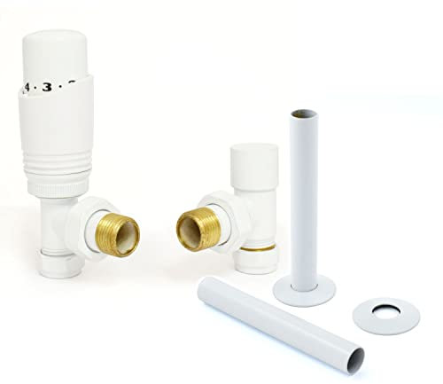 Hot Flow White Cascade Angled Modern TRV Thermostatic Radiator Valve (Pair) Includes Angled TRV Body, One Lock Shield & Pipe Sleeve for Quick & Easy Temperature Control.