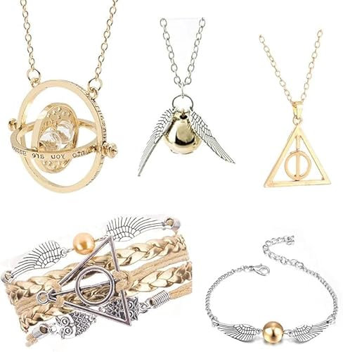 5 Stück halskette Schmuck Set- Zeitumkehrer Kette Anhänger Halsketten Heiligtümer des Todes und Goldener Schnatz Halskette mit Armband for Kinder Kostüm Requisiten Cosplay Fans Sammlung