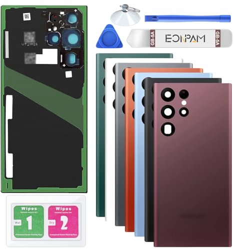 Eonpam Vitre Arrière pour Samsung Galaxy S22 Ultra 5G S908 Origine Couvercle Batterie Remplacement avec Lentille de Caméra + Kit Réparation (Rouge)