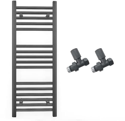 400mm Wide Straight Anthracite Grey Heated Bathroom Towel Rail Radiator With Valves For Central Heating UK (With Straight Valves, 400 x 900 mm (h))