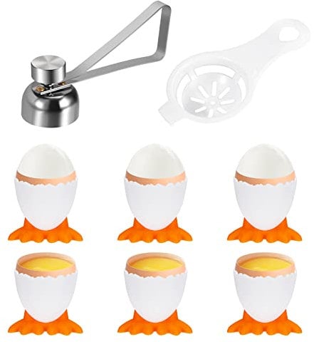 Egg Cutter Topper Set Novelty Egg Cups and Stainless Steel Egg Opener Shell Remover Separator Egg Holder Stand for Raw Soft Hard Boiled Egg 8Pcs