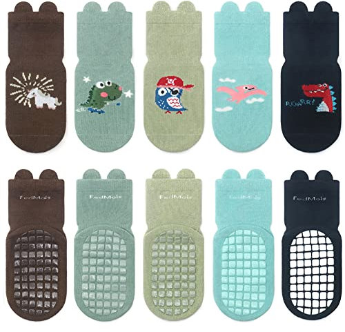 FedMois 5er Pack Baby Kleinkinder ABS rutschfeste Socken Sneaker Socken Tiermotive Baumwolle, Dinosaurier, 1-3 Jahre