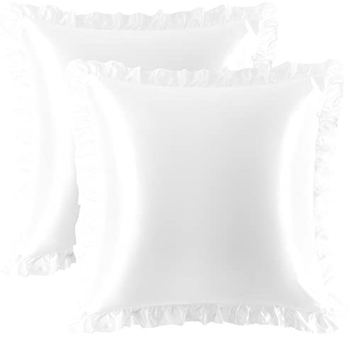 PiccoCasa 2er Set Kissenbezug Satin Kissenbezüge mit Romantischen Rüschen Kopfkissenbezug Uni Glatt Glänzend Kissenhülle mit Hotelverschluss Weiß 80×80cm
