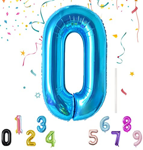 Gigante Globo de Cumpleaños 101cm/40 con una Pajita, Globo de Cumpleaños para Aniversario Fiesta Decoración, Globo Años Cumpleaños, Globo Número Reutilizables - Globo Numero 0 Azul
