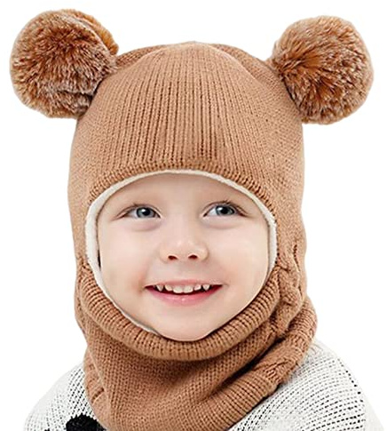 Balakaka 3-in-1-Schal Mütze Maske Winter Strickmütze Kindermütz, Doppel Pompon Kind Kinder Beanie Mütze, Warm Knitted Beanie Hat for 2-7 Jahre alte Jungen und Mädchen,Kaffee