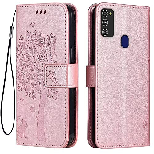 Topme Leder Tasche Hülle für Samsung Galaxy M21 / Galaxy M30s (6.4 Inches), [Katzen- Und Baummuster-Stil Handytasche] - Roségold