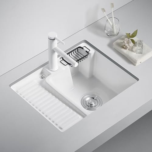 Lavandino rettangolare in ceramica bianca,lavandino del bagno,lavatoio lavanderia,Con rubinetto e scarico bianchi, adatto per balcone di appartamenti familiari, lavanderia, cortile esterno, garage ( S
