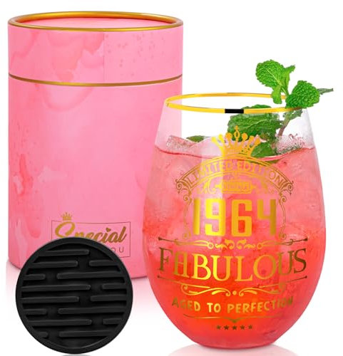 ALBISS 60th Birthday Gifts for Women Funny Keepsake, Personalised Gin Glass Gift Set for Her, Fabulous 1964 18Oz Wine Glasses with Gold Print, Silicone Coaster, Gift Box, Present for 60 Year Old