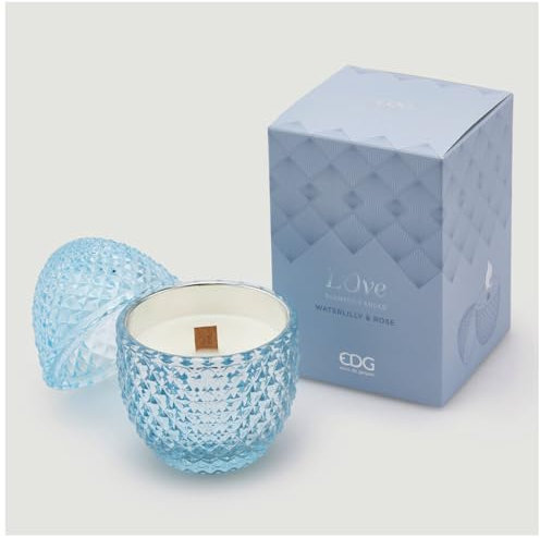 EDG Enzo De Gasperi Candela Profumata Uovo 12x8cm Azzurro in Vetro Decorazione Pasquale Ninfea e Muscio