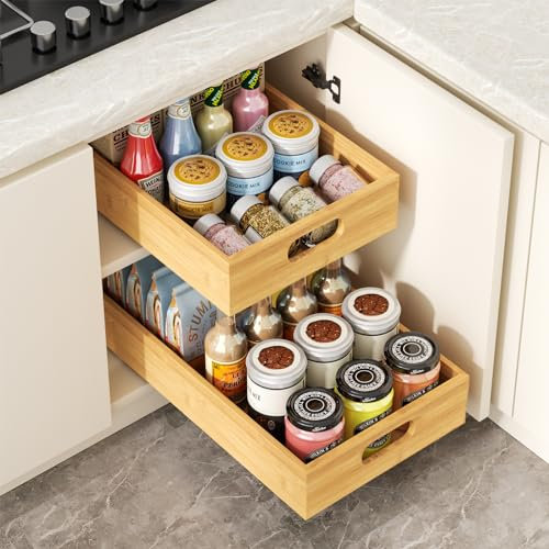 1 Stück Teleskopschublade, Bambussholz Ausziehbare Schublade Küche, Ausziehbarer Schrank Organizer, Schrank Schubladen Ausziehbar Kein Bohren und Nageln Slide Out Drawer (42CM D x 25CM W x 7CM H)