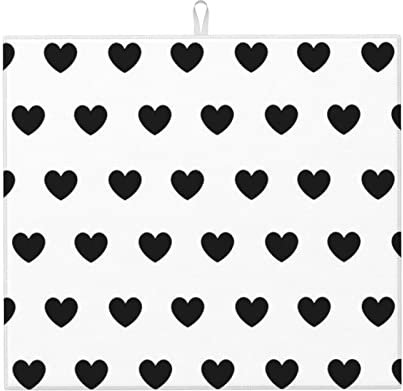 Dish Drying Mat 41x46cm, Pattern Black Hearts Drain Mat Absorbent Dry Dishes Mats Print Dish Dryer Pad, For Beer Glass, Dish Kitchenware, Kitchen Counter