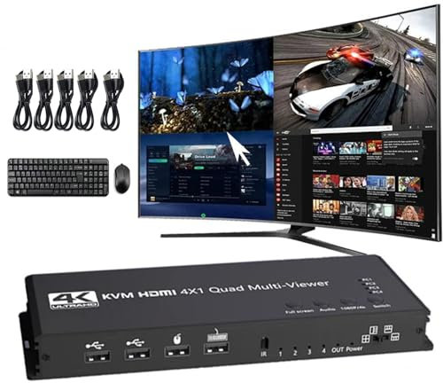4K HDMI KVM Switch 4x1 Quad Multi Viewer 4 en 1 Out KVM HDMI Processor Screen Multiviewer Seamless for 4 PC Share Mouse Keyboard